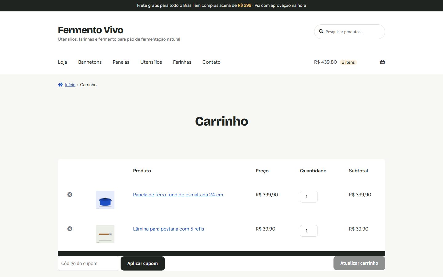 Carrinho com dois produtos e o total