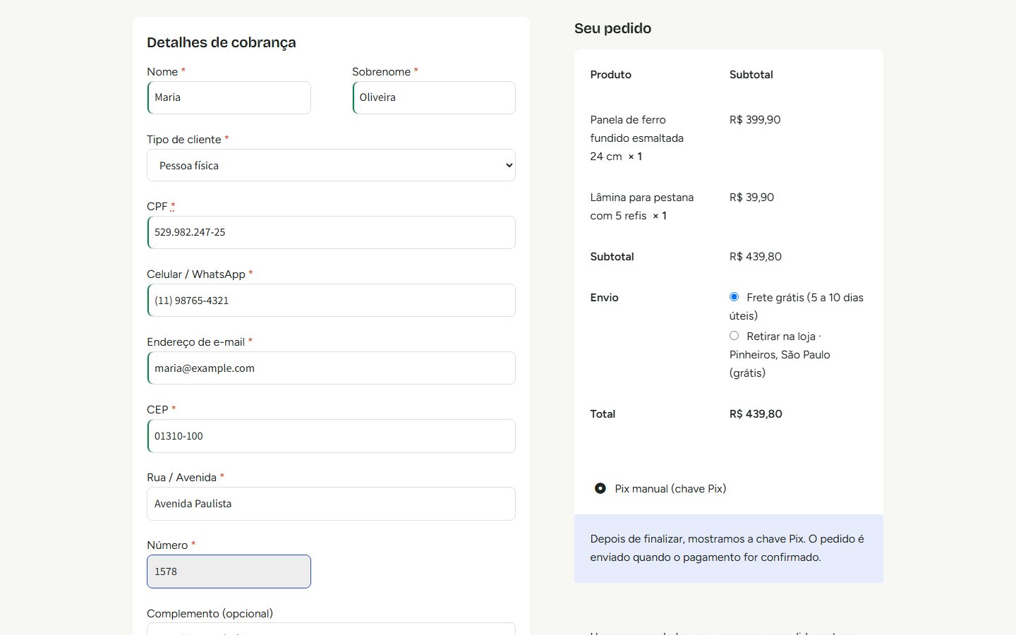 Checkout com CPF, celular, CEP e endereço preenchido automaticamente