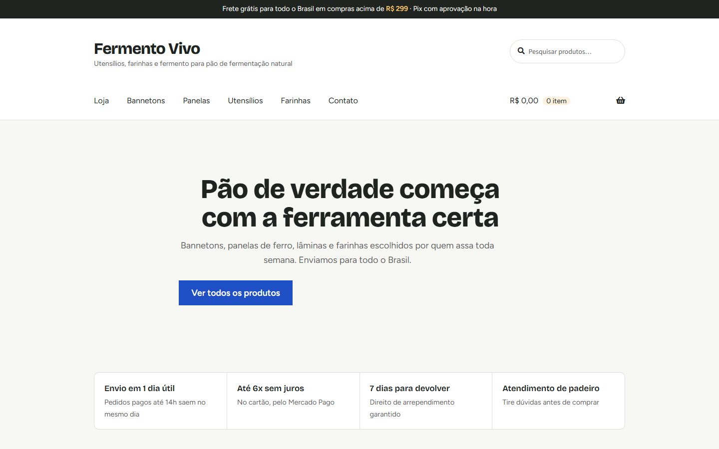 Página inicial da loja no computador: faixa de frete grátis, menu de categorias e chamada principal
