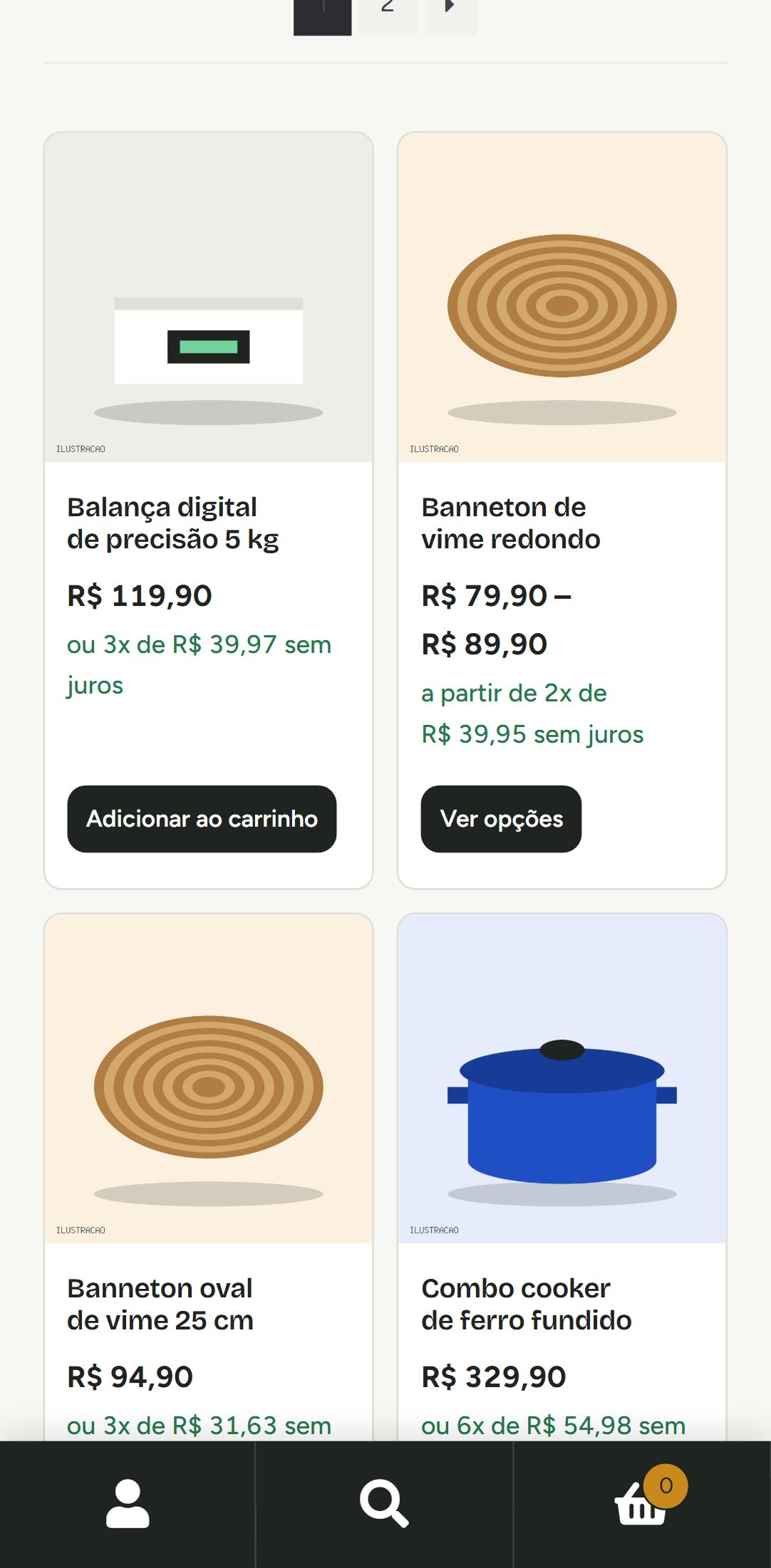Vitrine no celular com duas colunas de produtos e preço parcelado