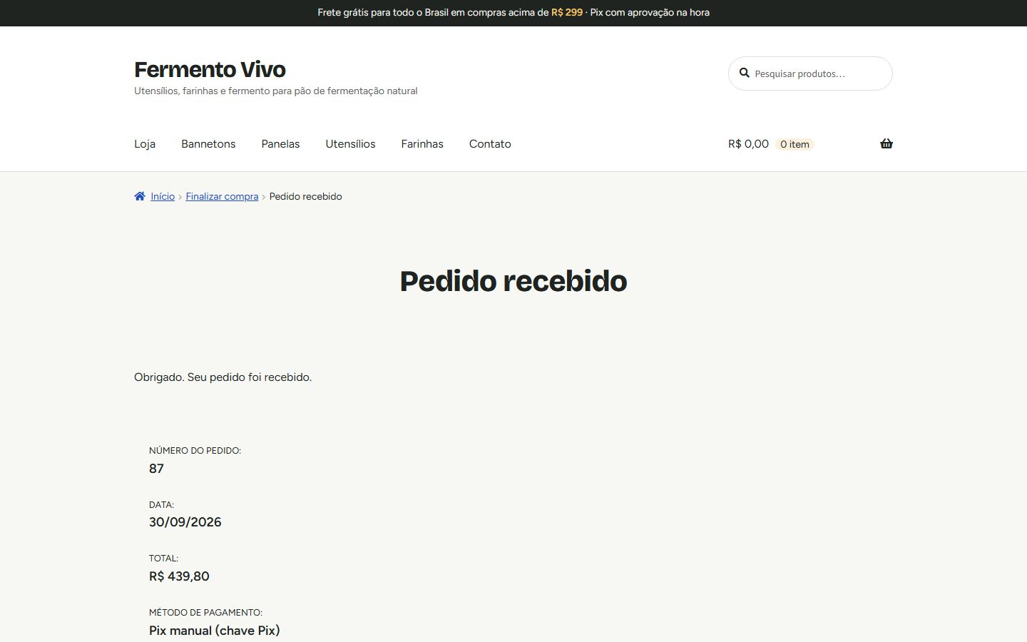Página de pedido recebido com número, data, total e forma de pagamento